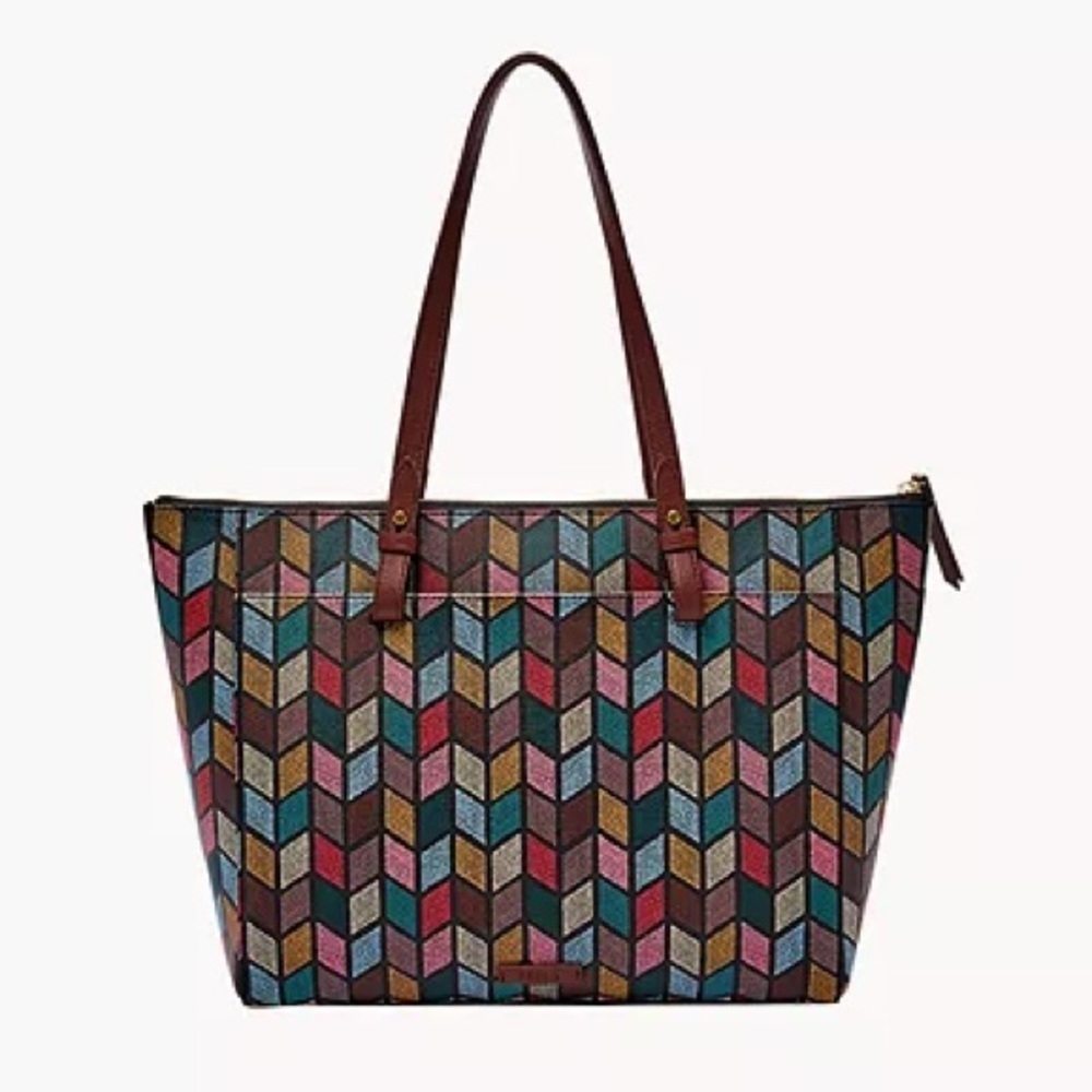 Fossil Women's Rachel Large Tote Bag Multicolor Chevron Zipper Top